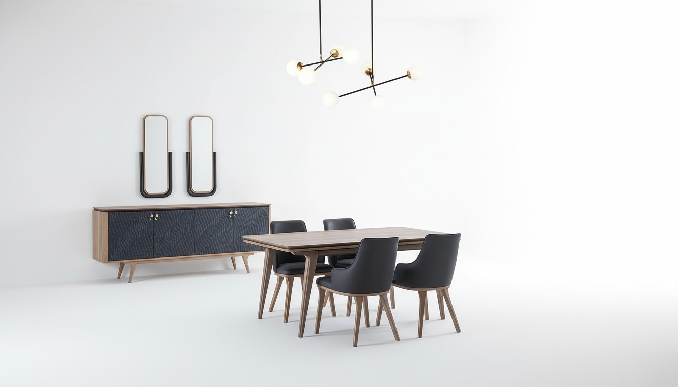 Luxus Esszimmer Set Esstisch + 4x Stühle + Anrichte mit 2x Spiegel Neu