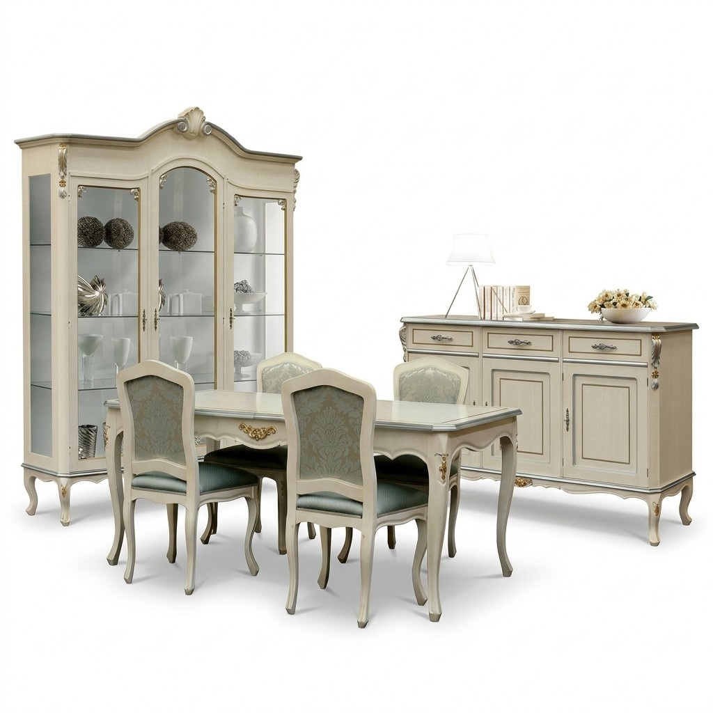 Luxus Esszimmer Set Garnitur 5tlg Weiß Holz Möbel 4x Stuhl Tisch Stil Barock Neu