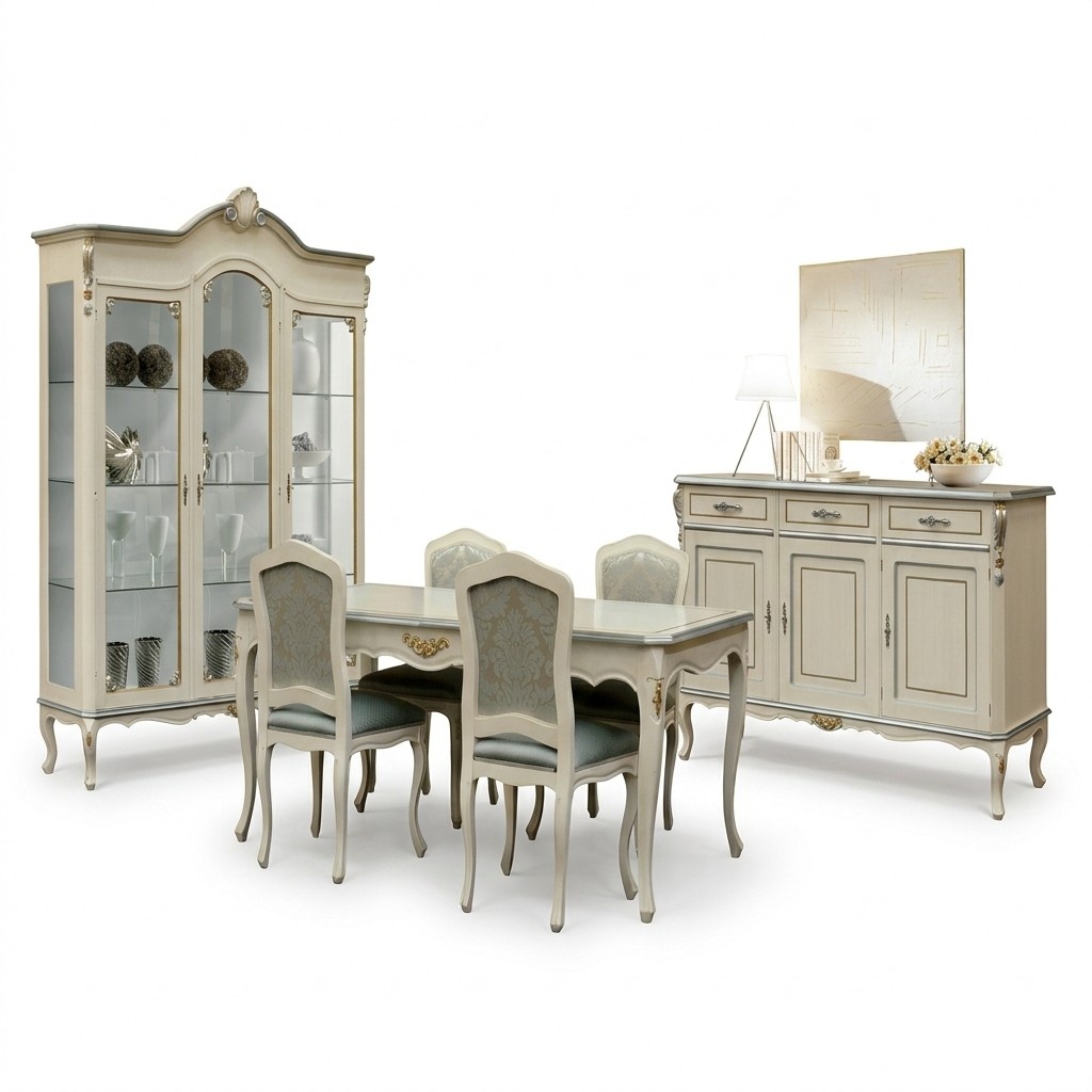 Luxus Esszimmer Set Garnitur 7tlg Weiß Holz Möbel Kommode 4x Stuhl Tisch Vitrine