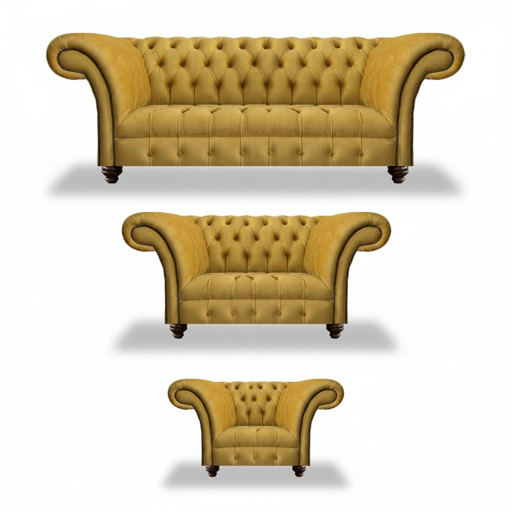 Luxus Gelb Sofagarnitur 3tlg Wohnzimmer Textil Sitz Möbel Sofas Set Chesterfield
