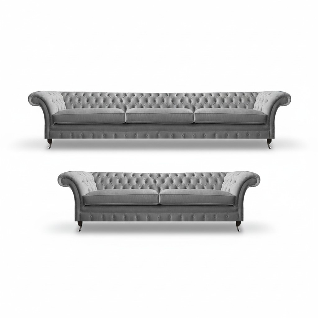 Luxus Grau Designer Sofas Komplett 2tlg Wohnzimmer Chesterfield 2x Sofas