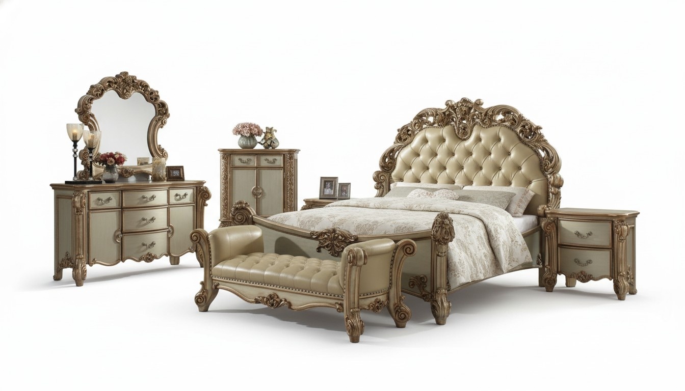 Luxus Klassisch Schlafzimmer Bett Nachttische Schminktisch Spiegel Bank