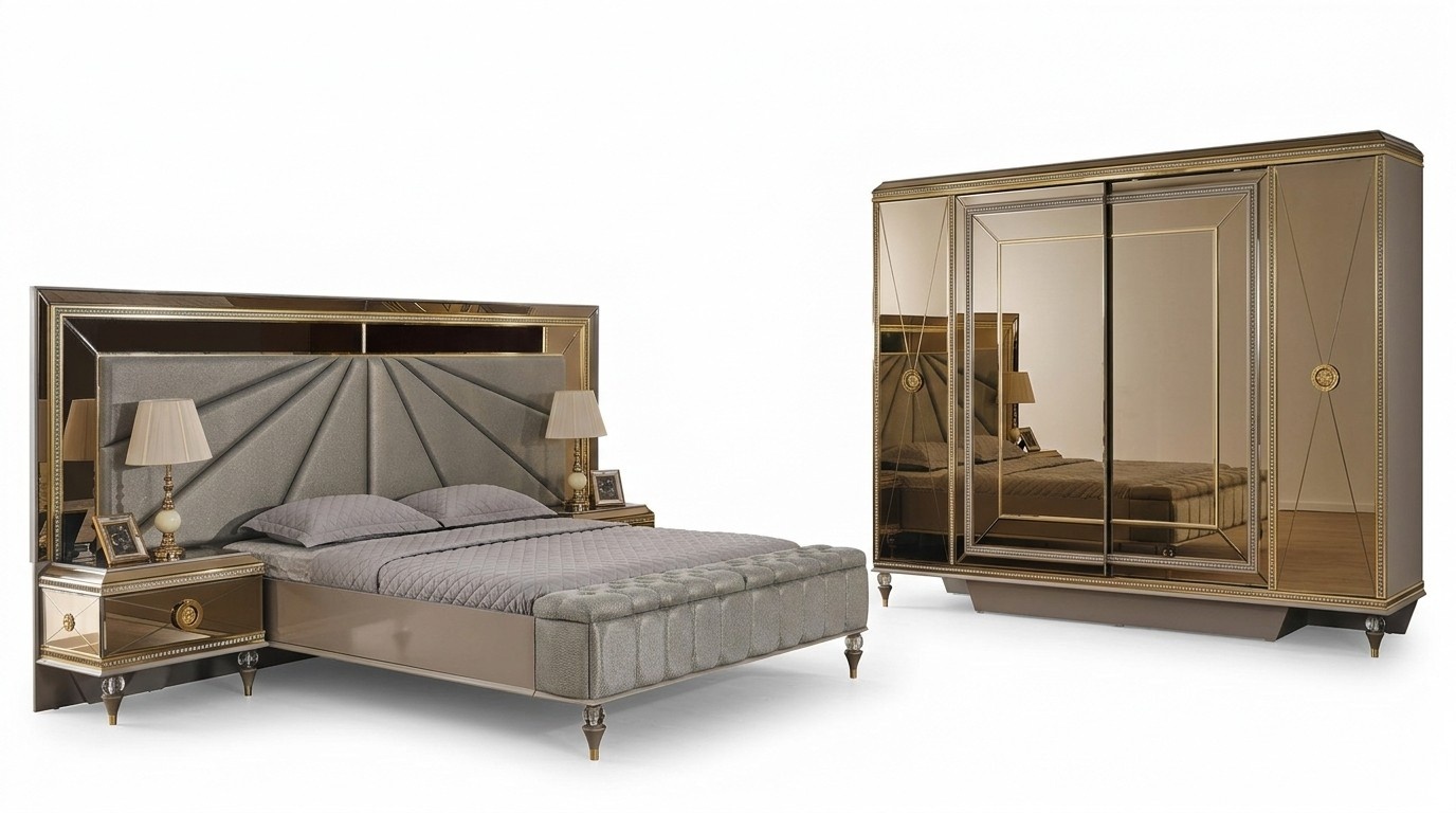 Luxus Kleiderschrank Doppelbett Schlafzimmer Grau Nachttische Holz Set 4tlg