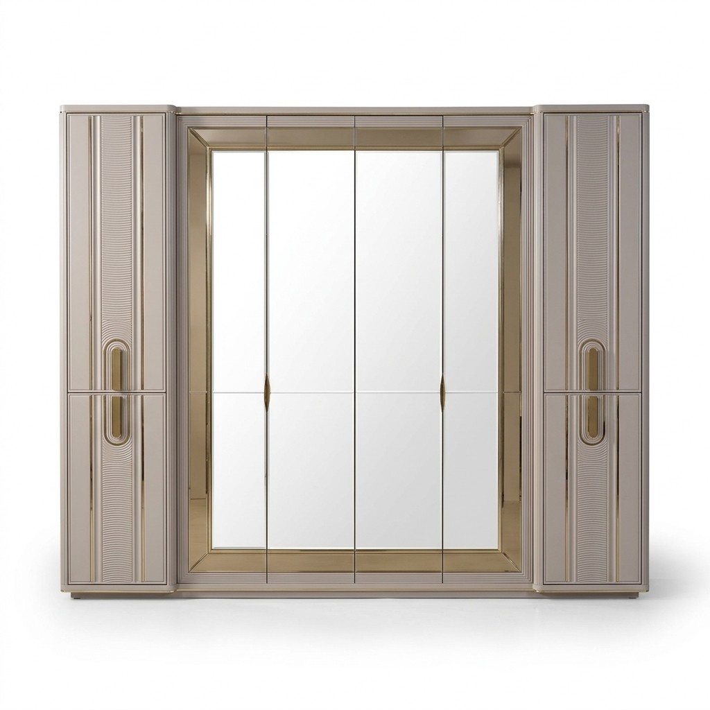 Luxus Kleiderschrank Holzschrank Garderobenschrank mit Spiegel Beige