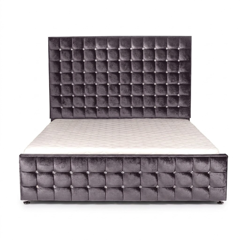Luxus Samt Textil Bett Doppel Betten Chesterfield mit Kristallsteinen 180x200cm