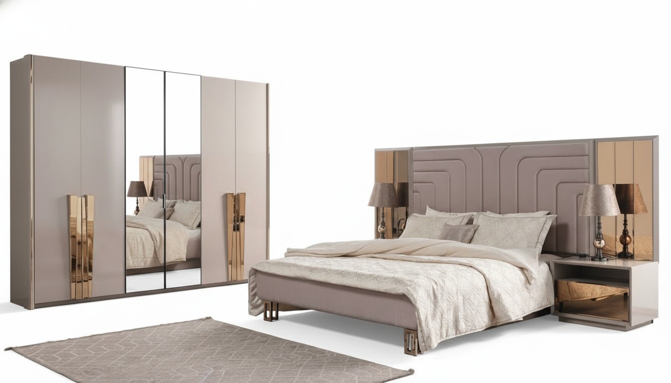 Luxus Schlafzimmer Doppelbett Bett Garnitur Set 4tlg Beige Holz Nachttisch
