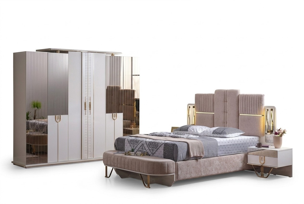 Luxus Schlafzimmer Set 5 tlg. Bett 2x Nachttische Kleiderschrank Bank