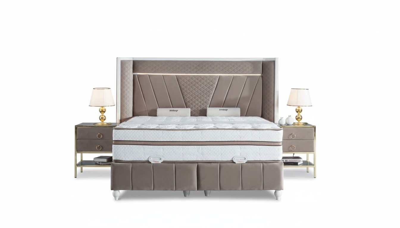 Luxus Schlafzimmer Set Beige Bett 2x Nachttisch Betten Möbel Led 3tlg