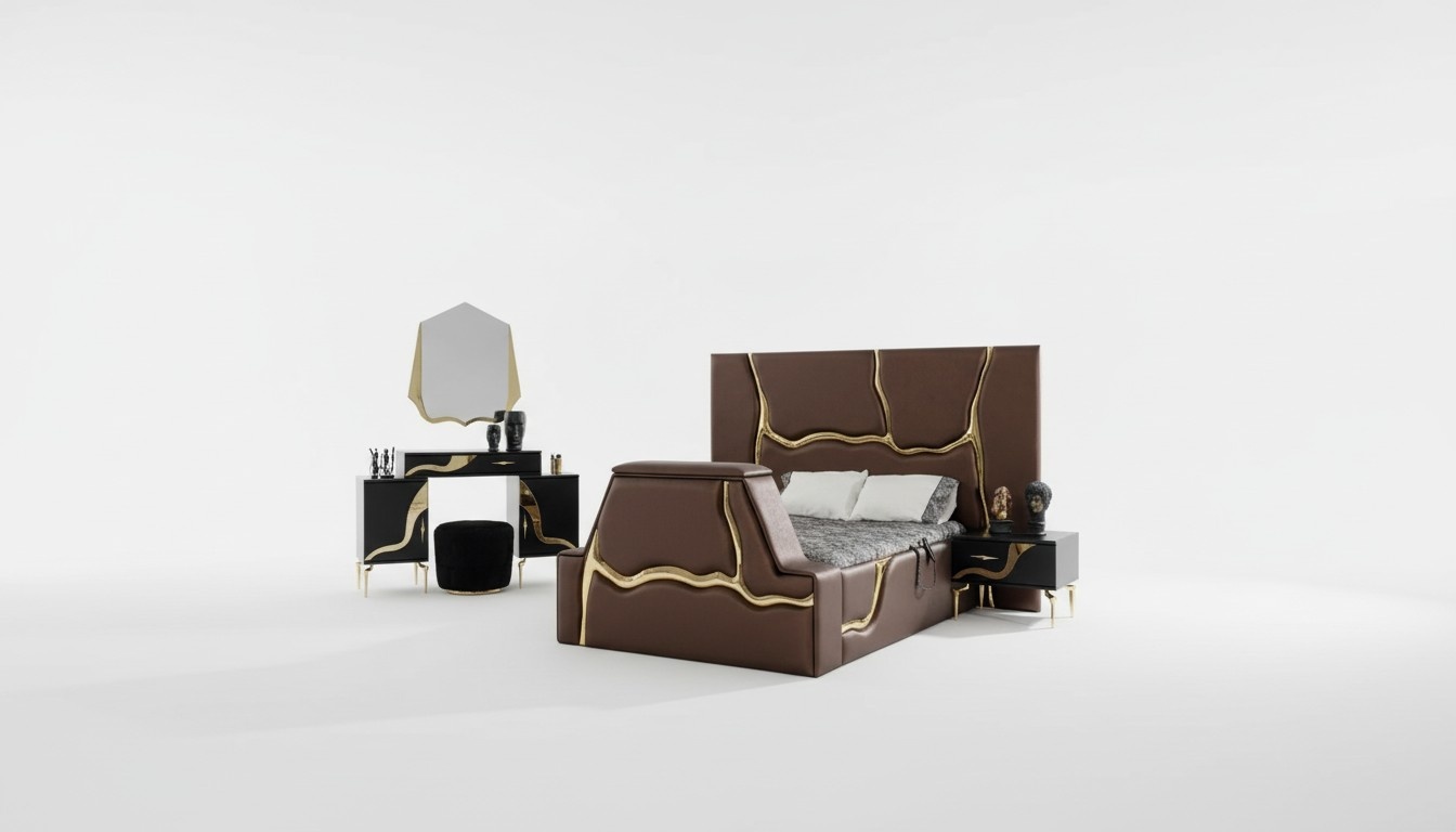 Luxus Schlafzimmer Set Bett Nachttisch Gold Schminktisch Nachttische 5tlg