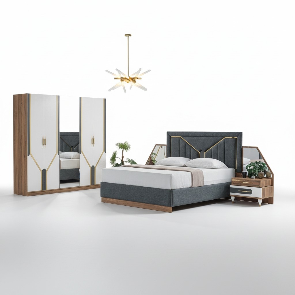 Luxus Schlafzimmer Set Bett + 2x Nachttische+Schrank Holz Komplettes