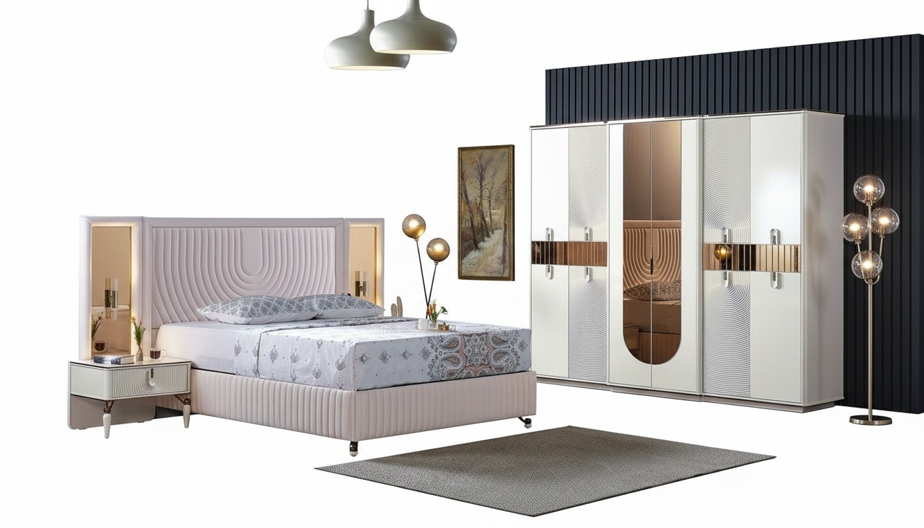 Luxus Schlafzimmer Set Bett 2x Nachttische Schrank Komplettes Modern