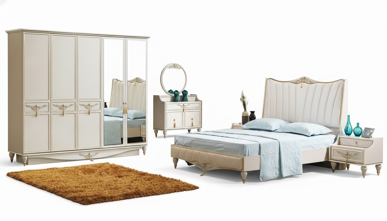 Luxus Schlafzimmer Set Bett + 2x Nachttische+Schrank+Kommode Komplettes