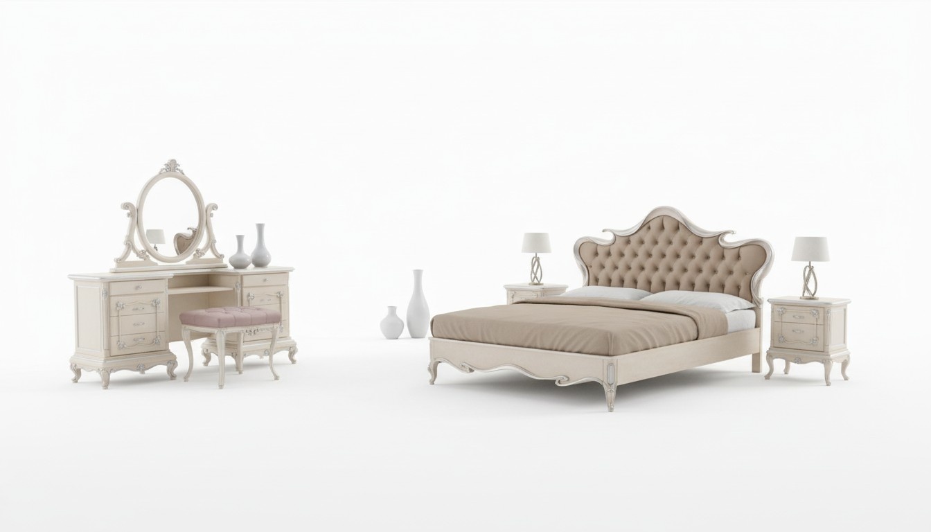 Luxus-Schlafzimmer-Set, Bett, Nachttisch, Hocker, Schminktisch, Spiegel, komplett und neu