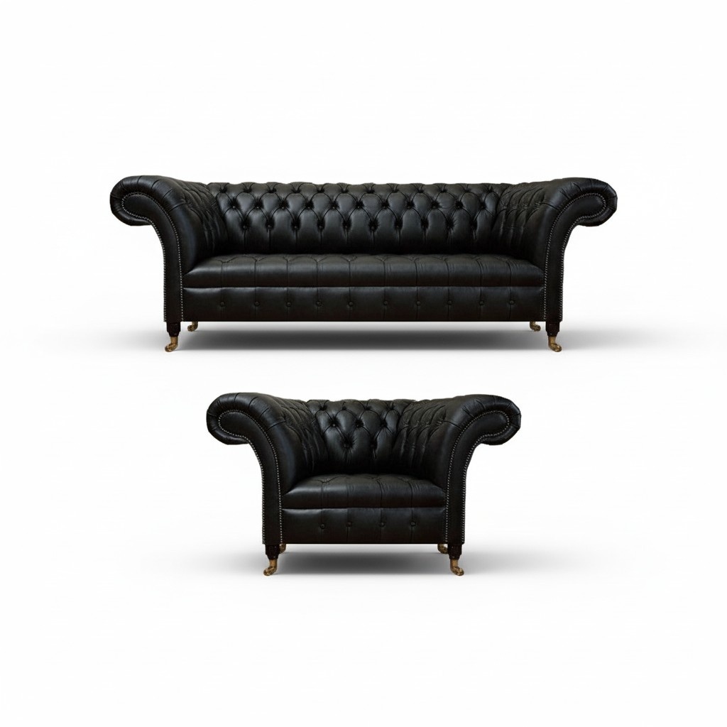 Luxus Schwarz Komplett Sofa Couch Dreisitze Leder Sofagarnitur Sessel