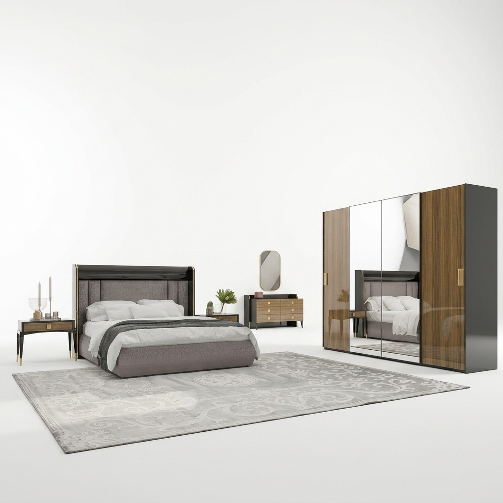 Luxus Set 6tlg Doppel Bett Schlafzimmer Kommode mit Spiegel 2x Nachttische