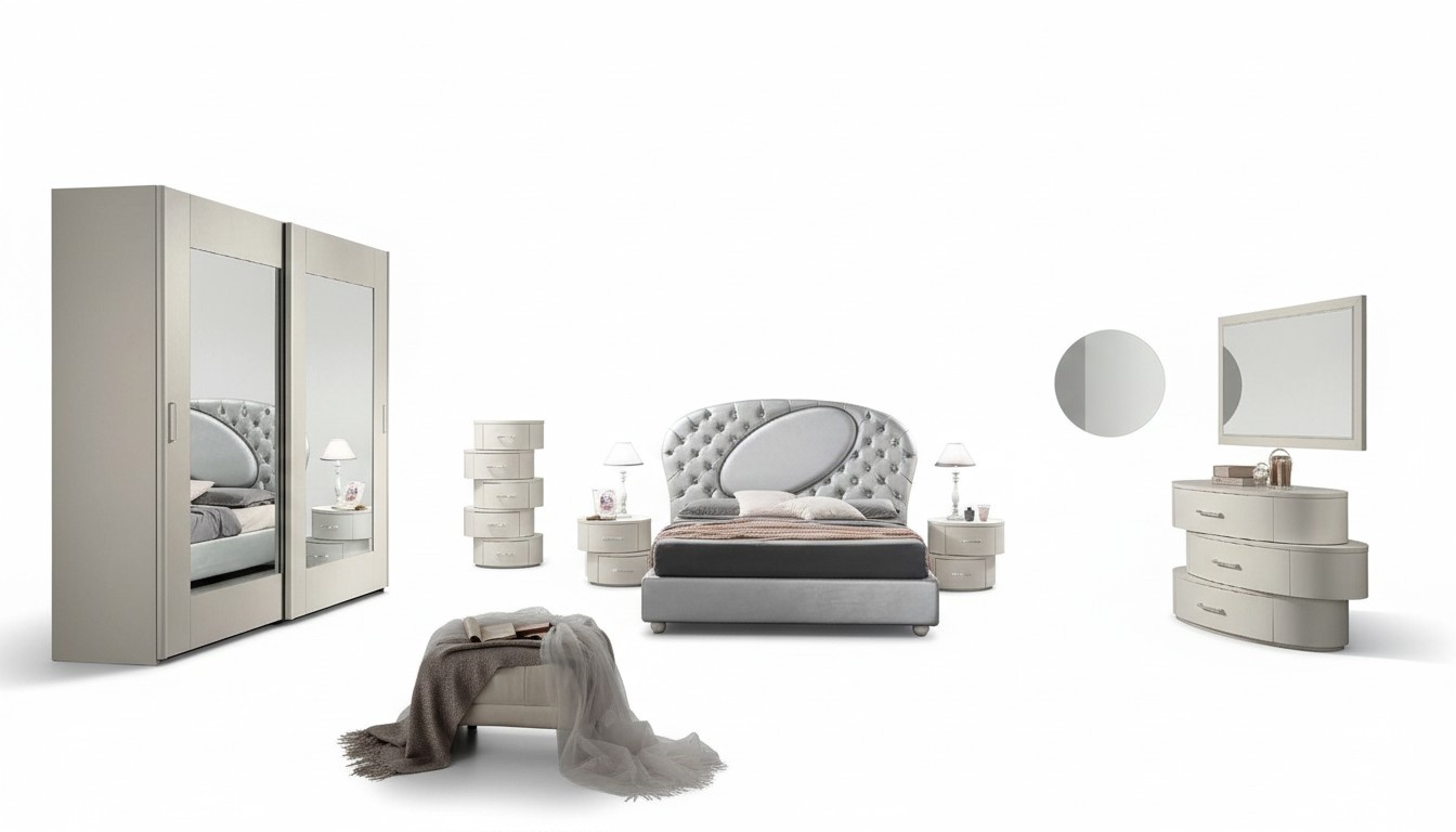 Luxus Set 7tlg Schlafzimmer Bett Nachttisch Kommode Spiegel Kleiderschrank Neu