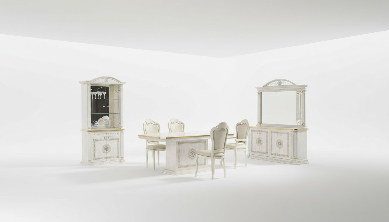 Luxus Set Esszimmer Esstisch Stuhl Kommode Spiegel Vitrine Tisch Gruppe 8tlg.