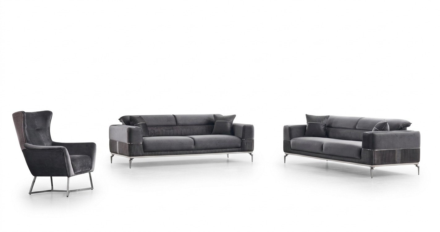 Luxus Sofagarnitur 331 Sitzer Wohnzimmer Set Grau Sofa Textil Möbel Neu