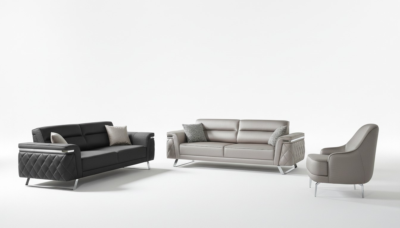 Luxus Sofagarnitur Dreisitzer Sessel Stoffsofa Grau Polstersofa Sofas