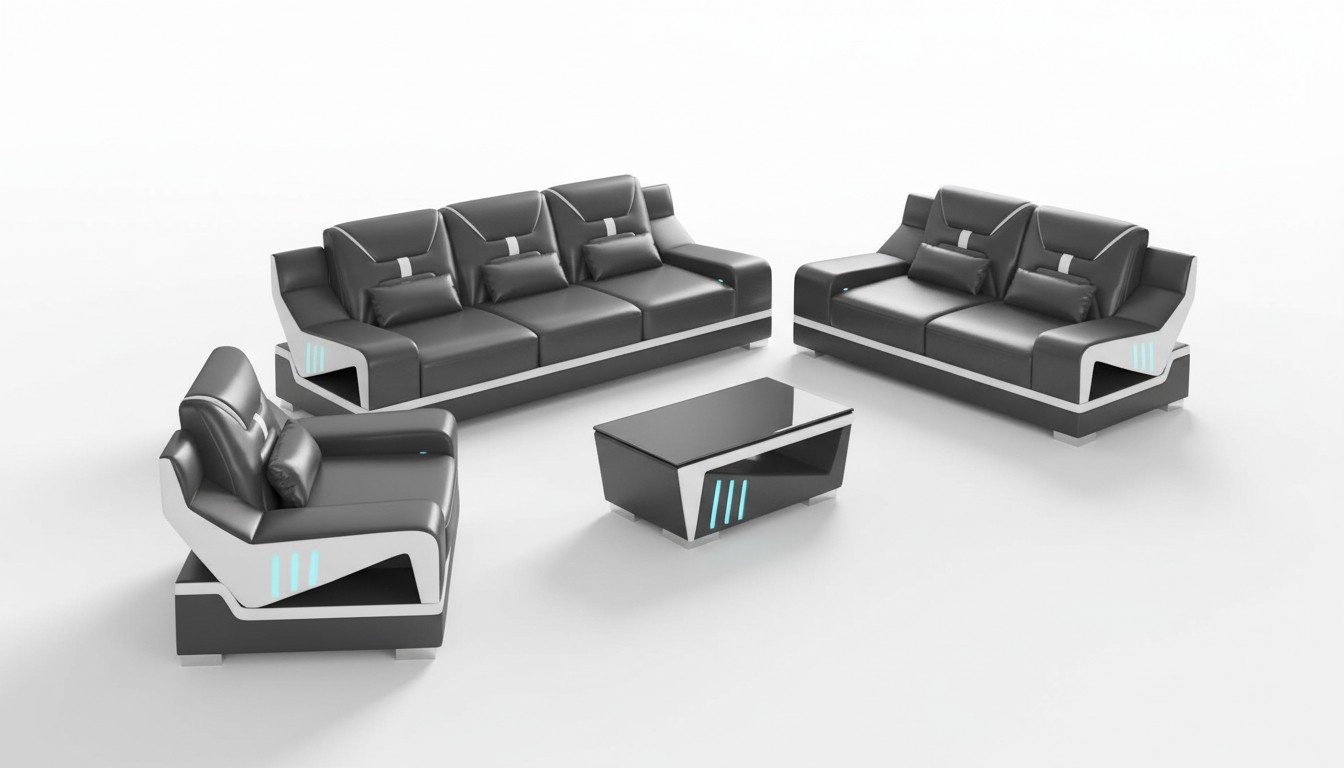 Luxus Sofagarnitur Komplette Couchgarnitur Schwarz Kunstleder Sofa 321