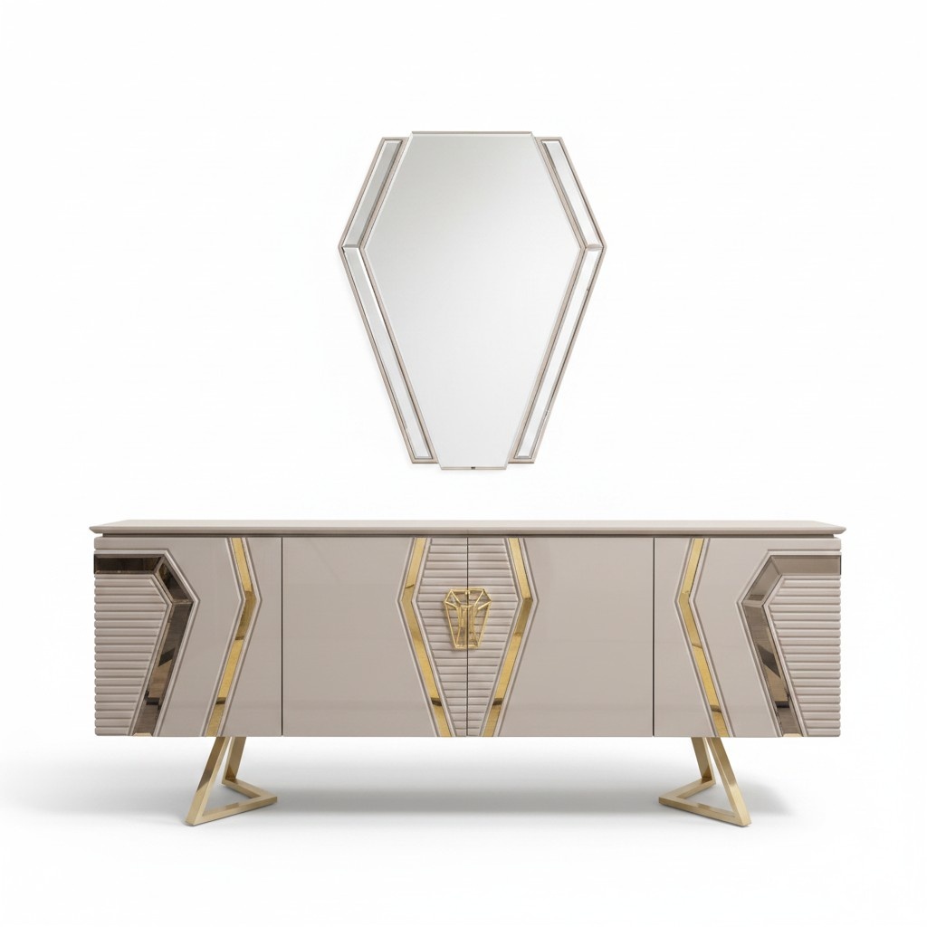 Luxus Weiß-Goldene Kommode mit Spiegel Designer Sideboard Holzmöbel