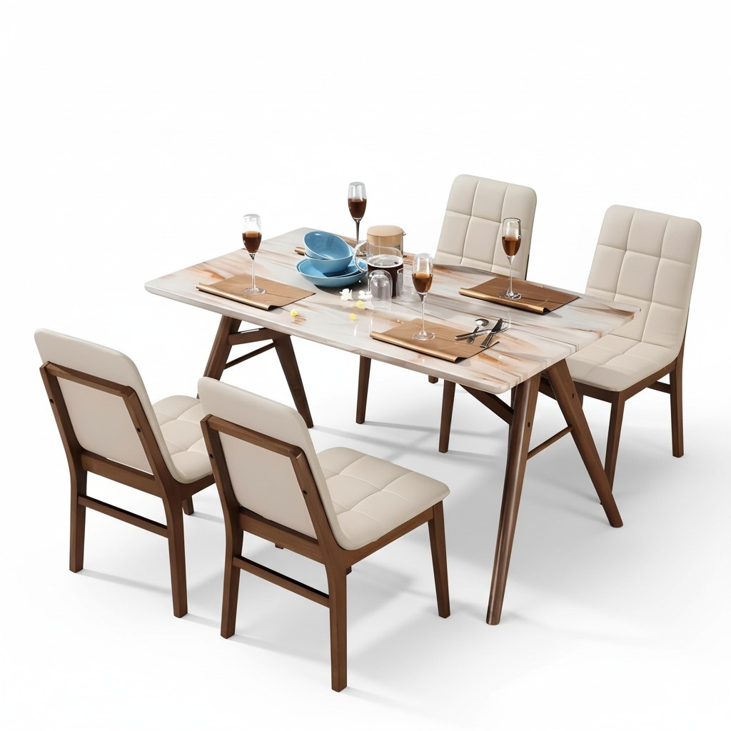 Marmor Ess Tisch Holz Designer Zimmer Komplett Set Garnitur 5 tlg. Stein