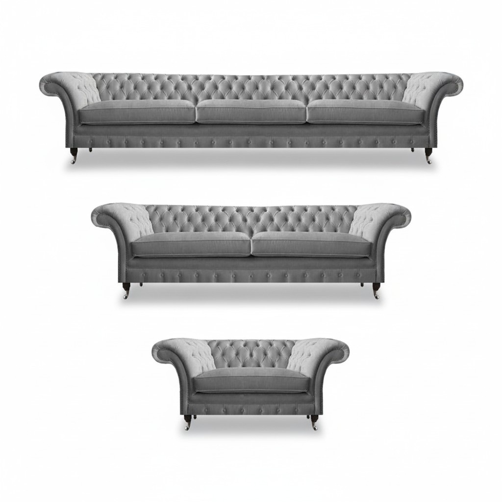 Modern Designer Möbel Set Grau Komplett 3tlg Luxus Chesterfield Sofagarnitur