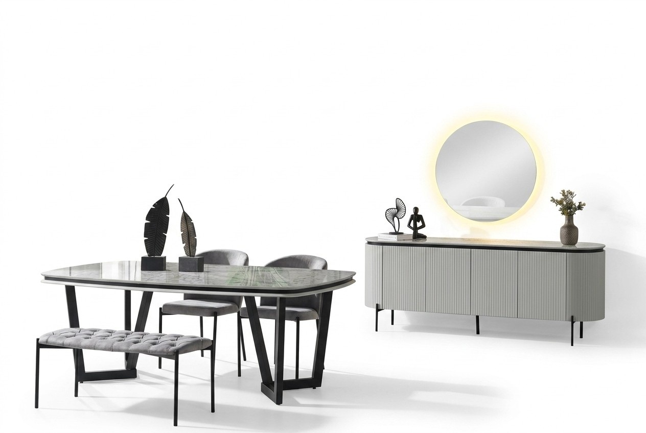 Modern Esszimmer Set Besteht aus Esstisch 4x Stühle und Anrichte Spiegel