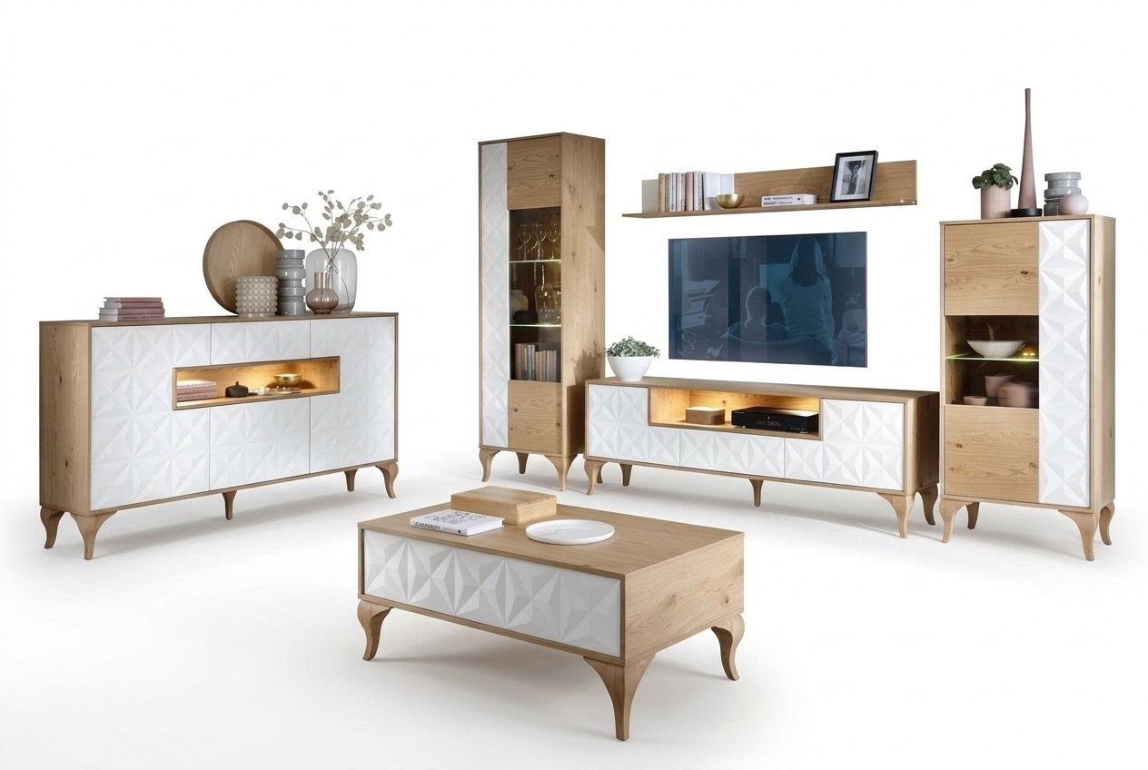 Modern Holzmöbel TV-Lowboard Wohnzimmer Vitrine Komplett Set Wohnwand 6tlg