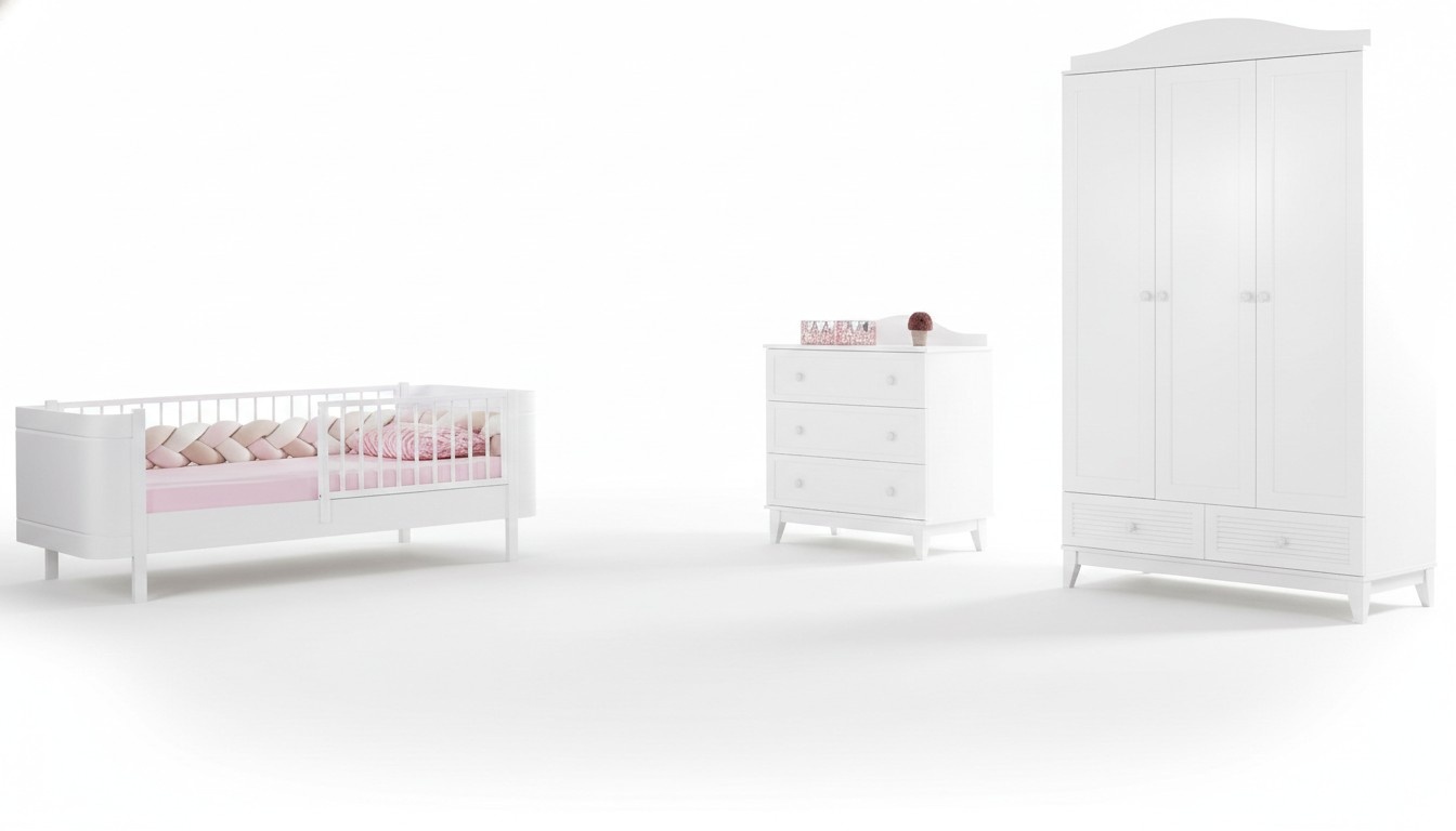 Modern Jugendzimmer Kinderzimmer Weiß Set luxuriöse Bett Kleiderschrank Kommode