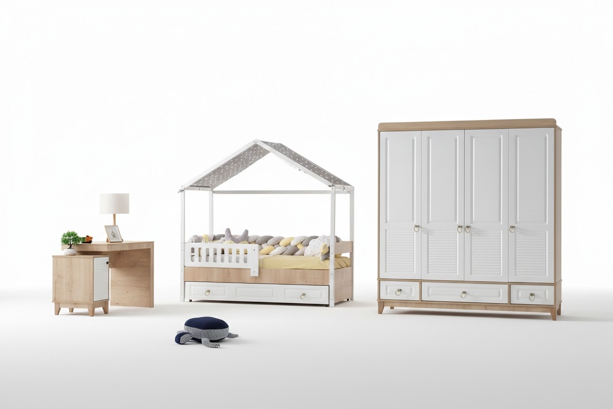Modern Kinderzimmer Set Bett Kleiderschrank Schreibtisch Helles 3tlg Neu