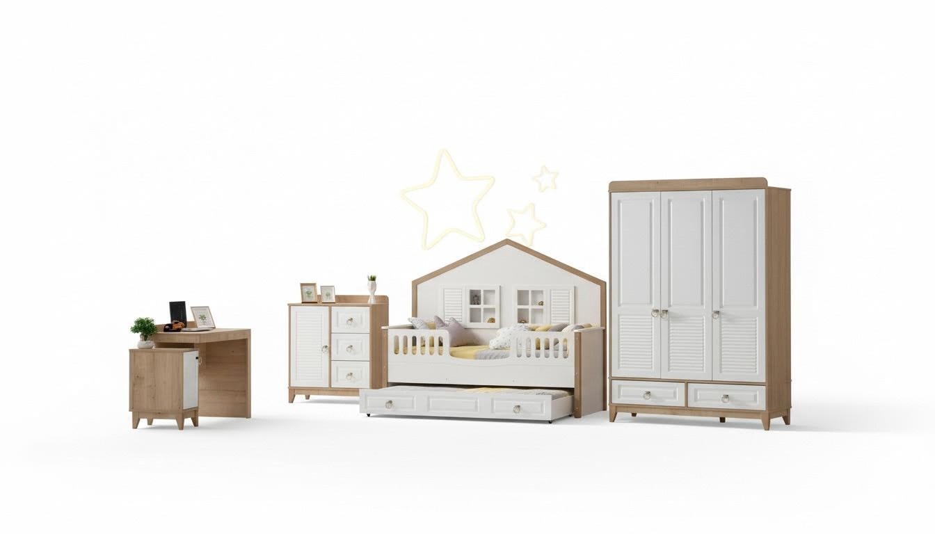 Modern Kinderzimmer Set Bett Kleiderschrank Schreibtisch Helles 4tlg Neu
