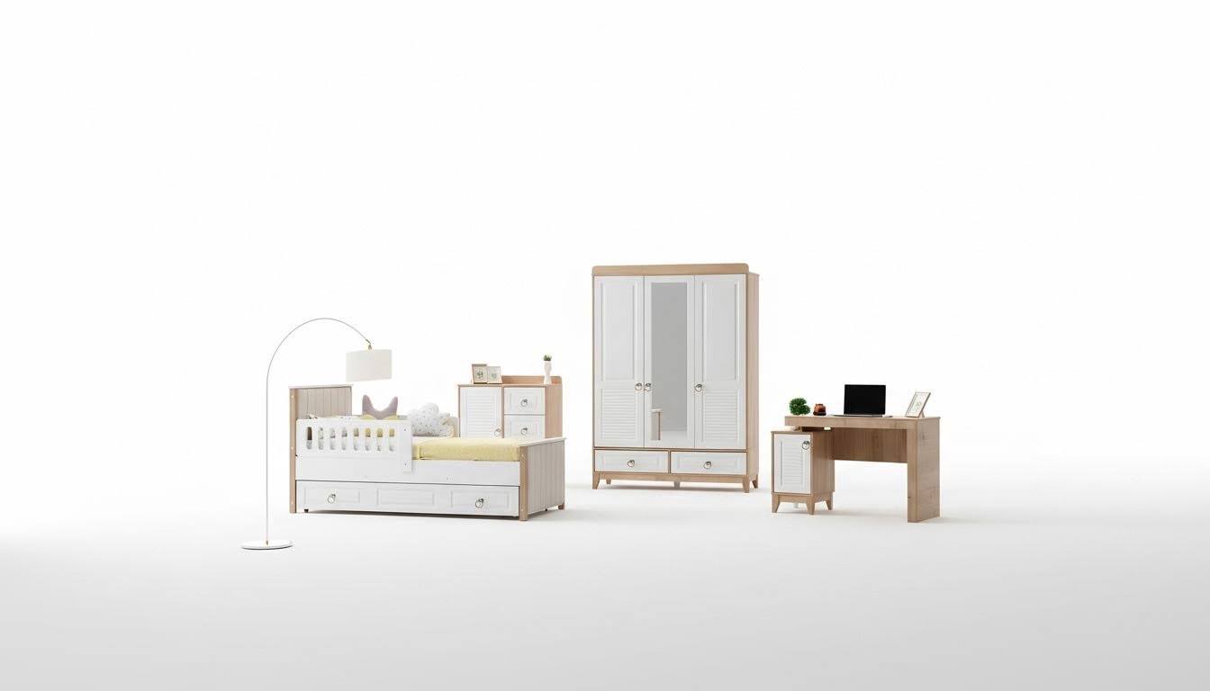 Modern Kinderzimmer Set Bett Kleiderschrank Kommode Schreibtisch Helles