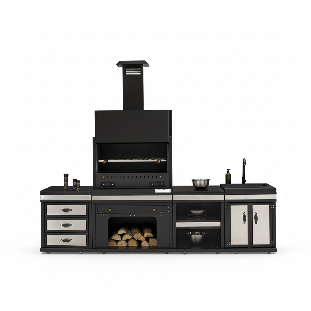 Moderne Außenküche aus Edelstahl in Schwarz