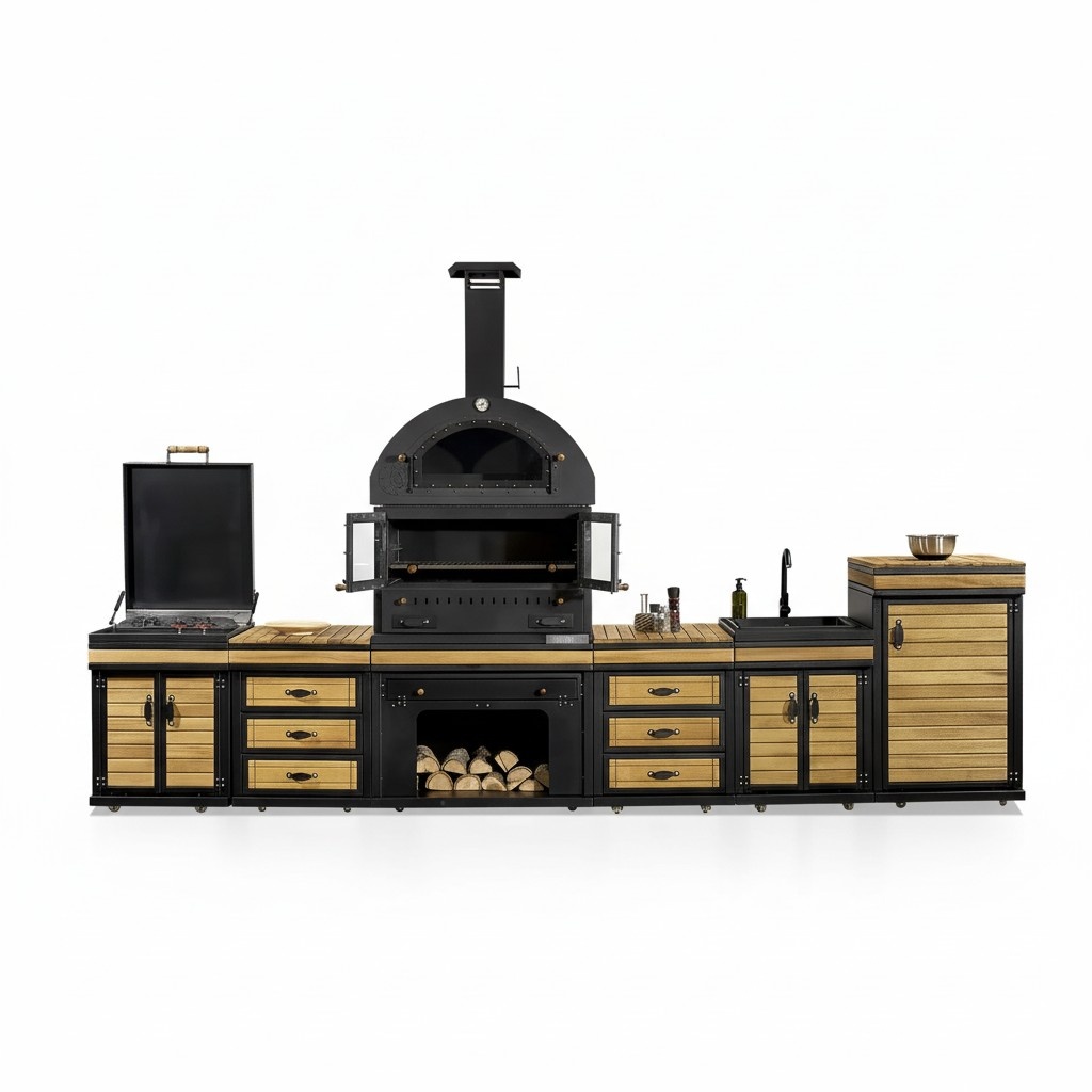 Moderne Außenküche aus Holz und Edelstahl in Schwarz