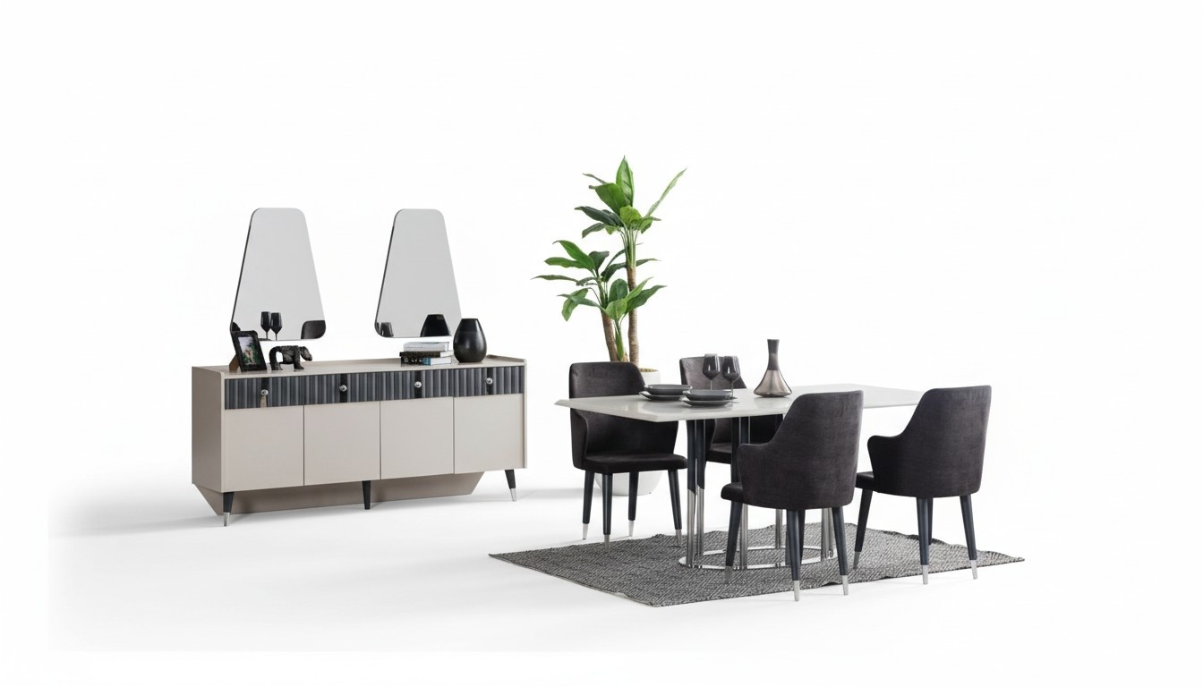 Moderne Essgruppe Rechteckiger Esstisch 6x Stühle Sideboard 2x Spiegel