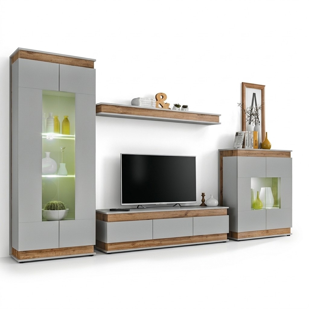 Garnitur 4 tlg Wohnwand Luxus Wohnzimmer Set Holz Regal Möbe Vitrine Neu