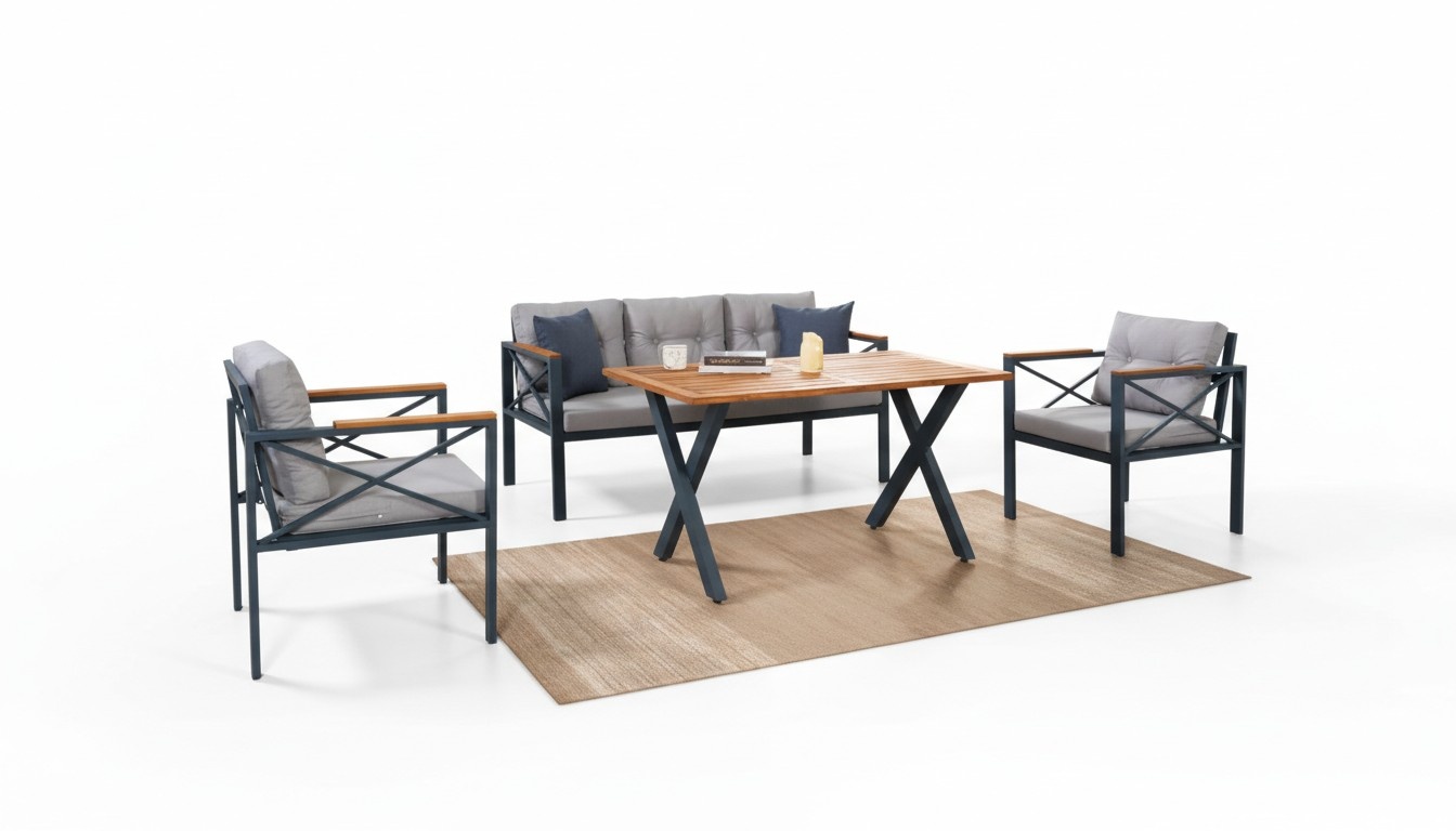 Moderne Graue Gartenmöbel Garnitur Sessel Hocker Tisch Veranda 4tlg. Set