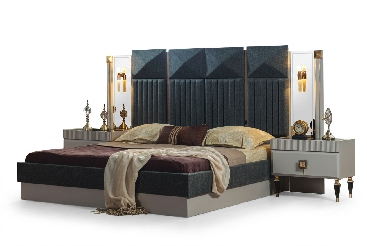 Moderne Schlafzimmer Möbel Designer Graues Bett 2x Holz Nachttische 3tlg
