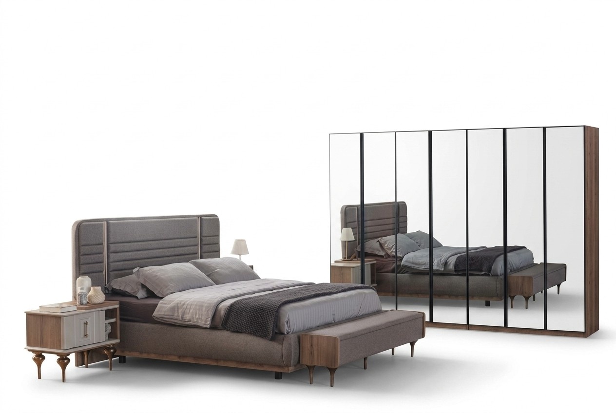 Moderne Schlafzimmer Möbel Garnitur Doppelbett Nachttische Glasschrank