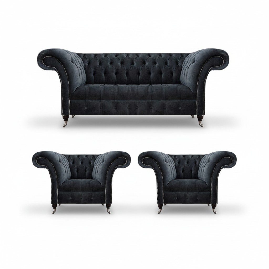 Moderne Sofas Set 3tlg Grau Chesterfield Luxuriöse Sofagarnitur Wohnzimmer