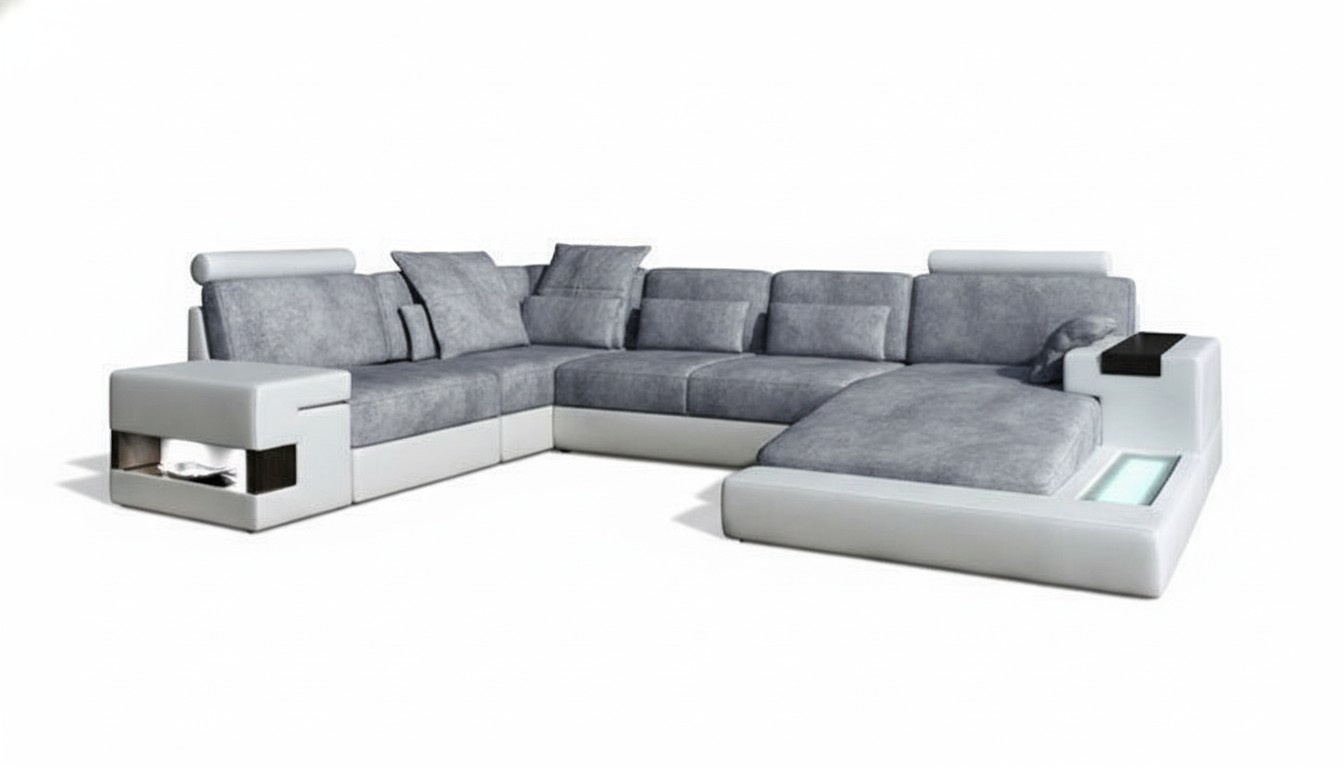 Moderne Textil Sofa U-Form Möbel mit Bett Funktionen Stauraum Grau NEU