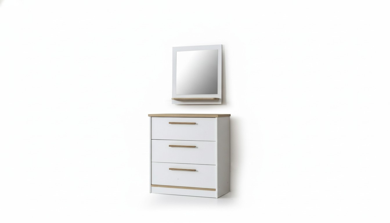 Moderne Weiße 3-Schubladen Kommode Designer Quadratischer Spiegel 2tlg