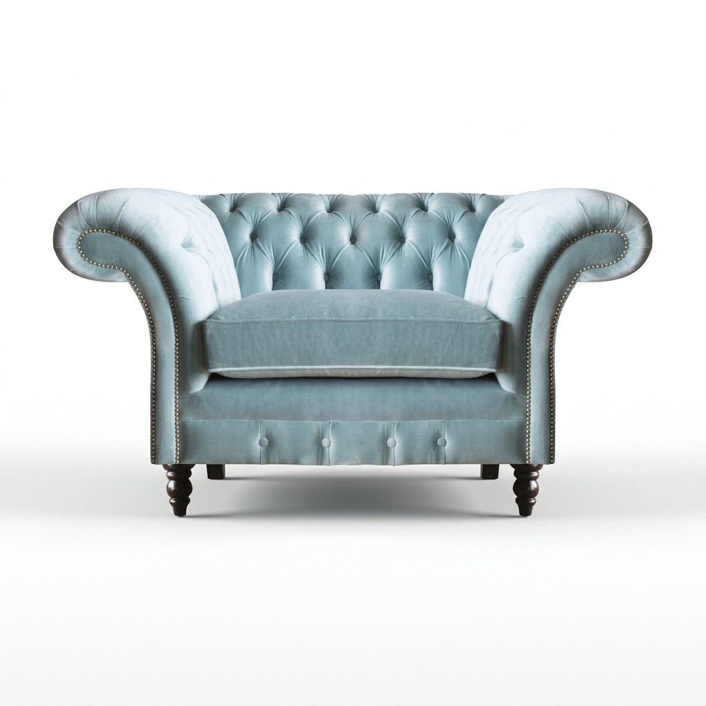 Moderner Chesterfield Hellblauer Sessel Edle Sitzmöbel Textil Lehnsessel