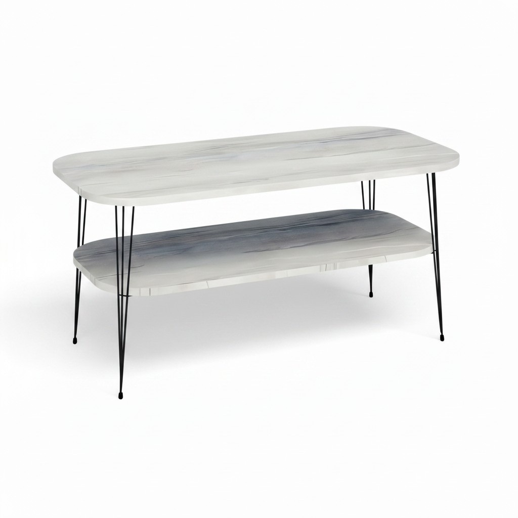 Moderner grauer Couchtisch aus Holz mit Edelstahl-Design