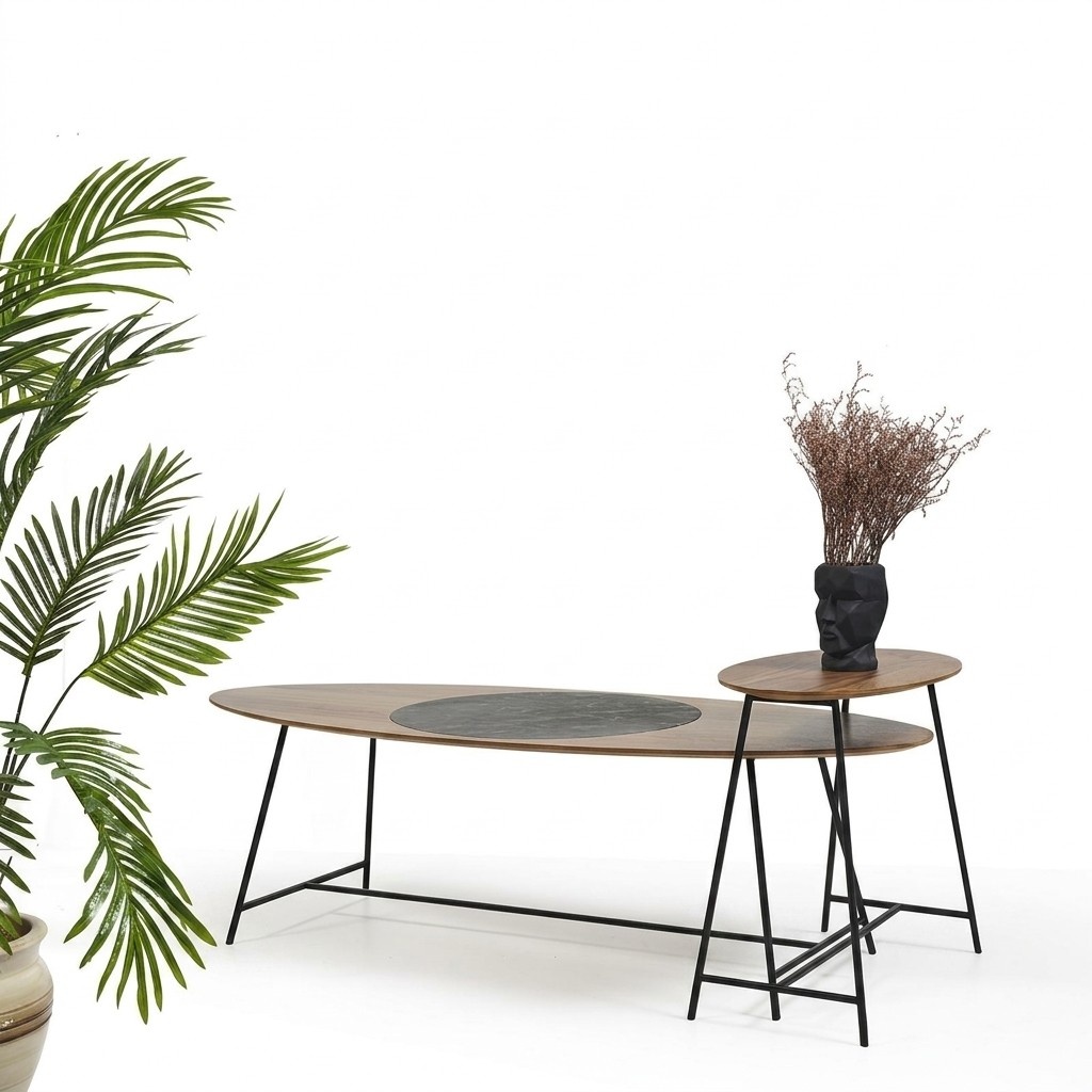 Moderner Tisch Couchtisch Beistelltisch Design Wohnzimmer Holz Oval 2tlg.