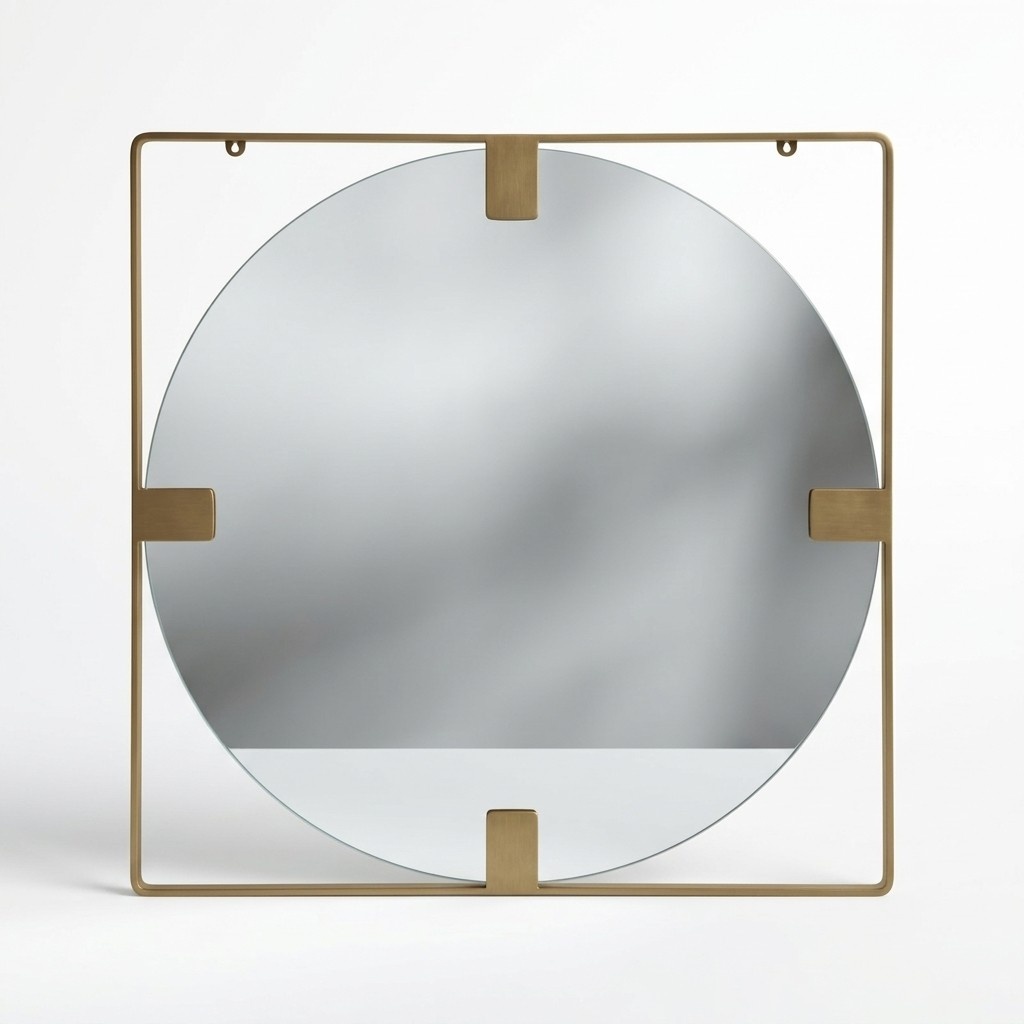 Moderner Wandspiegel rundes Spiegelglas quadratischem Rahmen Wohnzimmer Tisch