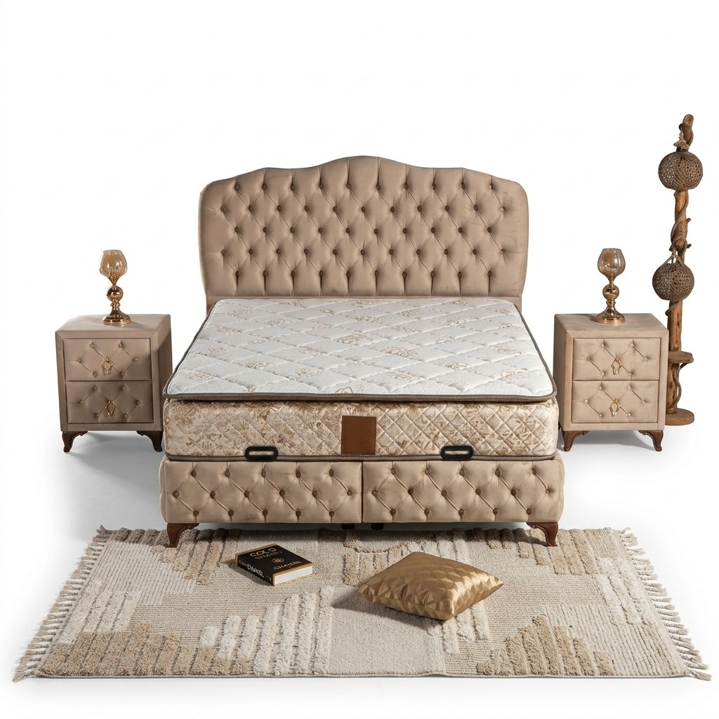 Bett mit Matratze – Elegantes Bett in Beige mit Matratze