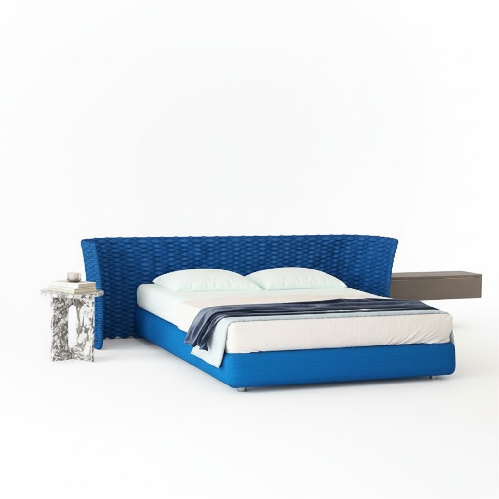 Modernes Bett Blau Gewebtes Design Polster Kopfteil Komfort Schlafzimmer