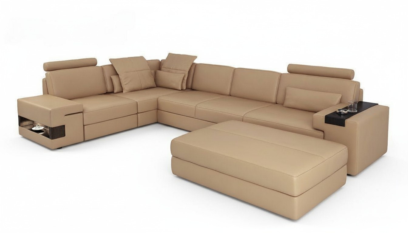 Modernes Design Leder Ecksofa mit Hocker Polstermöbel Wohnzimmer L-Form NEU